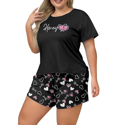 Poo4kark Beauty Sommer-T-Shirt Shorts in Übergröße für Damen, Pyjama, große Größe, lässiges Homewear-Set (c-Red, XXXXL) von Poo4kark
