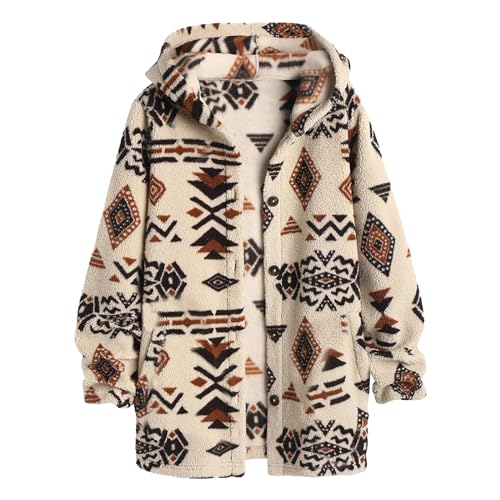 Poo4kark Damen-Mantel im Ethno-Stil mit Kapuze und Langen Taschen flauschigem Teddystoff mit Geo-Aufdruck Grobstrickjacke Damen (Coffee, L) von Poo4kark