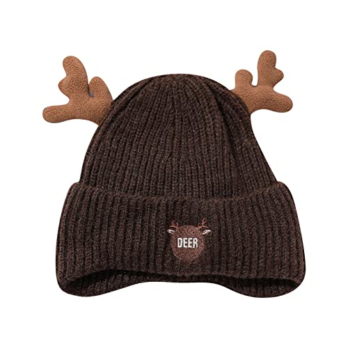 Poo4kark Deer Weihnachtsmützen Herbst und Winter Strickmützen Geweih Fleece Strickmützen (Coffee, M) von Poo4kark