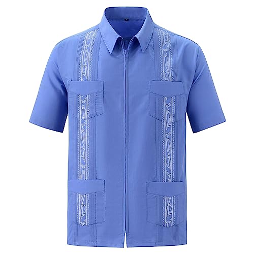 Poo4kark Herren-Hemd mit Vier Taschen, Bestickt, modisch, personalisierbar, mit kurzen Ärmeln und Reißverschluss Blaues Hemd Mit Punkten Herren (Blue, XXXL) von Poo4kark