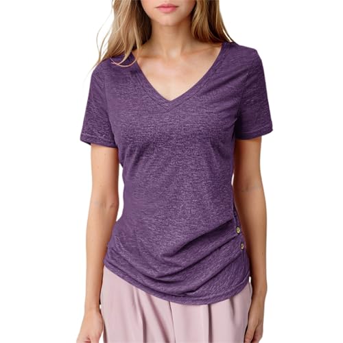 Poo4kark Hochwertiges, schmal geschnittenes, einfarbiges, lässiges Pullover-Oberteil mit V-Ausschnitt kurzen Ärmeln für Damen (Purple, S) von Poo4kark