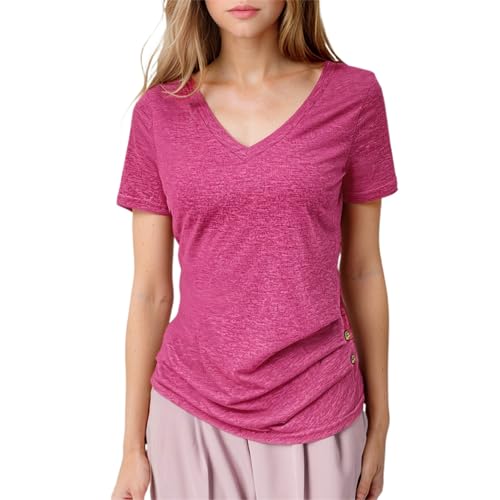 Poo4kark Hochwertiges, schmal geschnittenes, einfarbiges, lässiges Pullover-Oberteil mit V-Ausschnitt kurzen Ärmeln für Damen (RD2, M) von Poo4kark