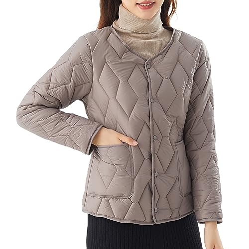 Poo4kark Leichte Damen-Tragejacke, gesteppt, Übergangsjacke mit Stehkragen, gepolstert Dünne Fleecejacke Damen (Khaki, M) von Poo4kark