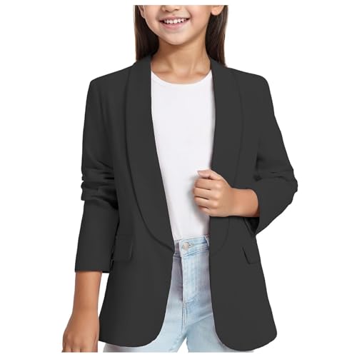 Poo4kark Mädchen-, langärmelig, Schalkragen, formelle, Anzugjacke, vorne offen, Innentasche für Kinder Trockene Tomaten (Black, 11-12 Years) von Poo4kark