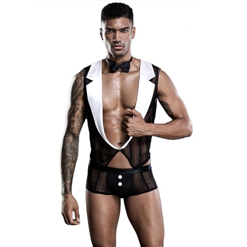 Poo4kark Männer Sexy Unterwäsche Sexy Footman Enge Shorts Transparent Mesh Top Spiel Anzug Sex Outfit 3PC Enthält Weste Krawatte und Shorts Unterwäsche Für Männer (Black, One Size) von Poo4kark