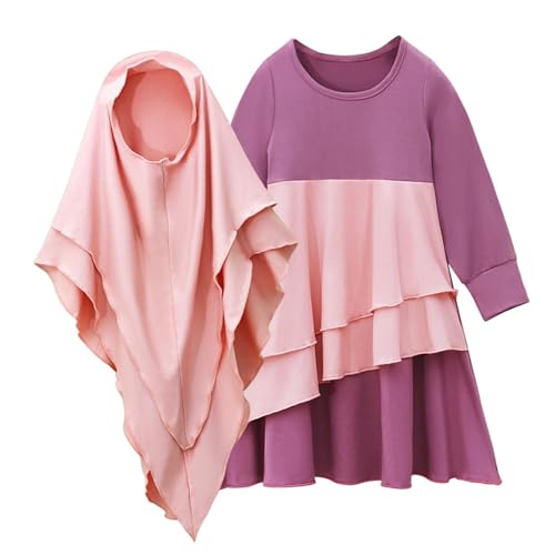 Poo4kark Muslimische Baby-Mädchen-Ramadan-Abaya mit Hijab, Ganzkörper-Robe, Burka, Maxi-Kleid für kleine Kinder, Kleinkinder, Mädchen, Farbblock-Kleider Baby Kleidung Sommer Junge (Purple, 9-10 Years) von Poo4kark