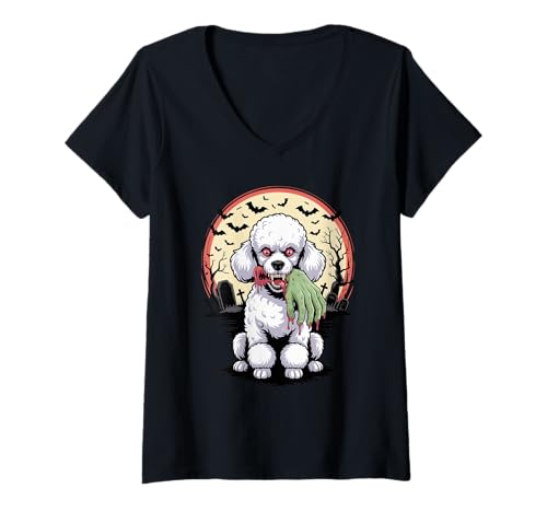 Damen Halloween Mond Zombie Hand Poodle Poodles T-Shirt mit V-Ausschnitt Damen Halloween Mond Zombie Hand Poodle Poodles T-Shirt mit V-Ausschnitt von Poodle Dog Lover Gifts