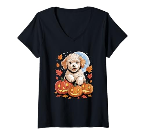 Damen Halloween Poodle Kürbis Poodles T-Shirt mit V-Ausschnitt Damen Halloween Poodle Kürbis Poodles T-Shirt mit V-Ausschnitt von Poodle Dog Lover Gifts