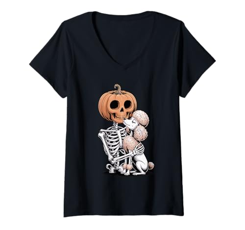 Damen Halloween Skeleton Poodle Poodles T-Shirt mit V-Ausschnitt Damen Halloween Skeleton Poodle Poodles T-Shirt mit V-Ausschnitt von Poodle Dog Lover Gifts