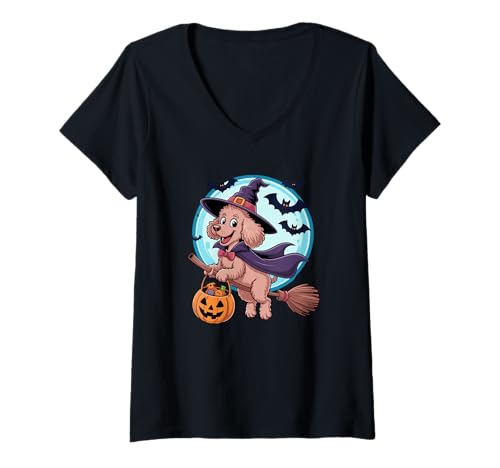 Damen Halloween Witch Poodle Moon Poodles T-Shirt mit V-Ausschnitt Damen Halloween Witch Poodle Moon Poodles T-Shirt mit V-Ausschnitt von Poodle Dog Lover Gifts
