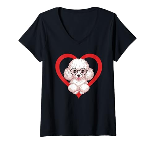 Damen Heart Poodle Glasses Poodles T-Shirt mit V-Ausschnitt Damen Heart Poodle Glasses Poodles T-Shirt mit V-Ausschnitt von Poodle Dog Lover Gifts
