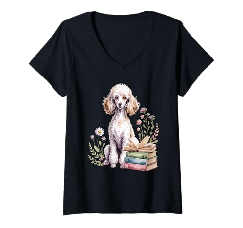 Damen Poodle Bookworm Flowers Book Reading Books Poodles T-Shirt mit V-Ausschnitt Damen Poodle Bookworm Flowers Book Reading Books Poodles T-Shirt mit V-Ausschnitt von Poodle Dog Lover Gifts
