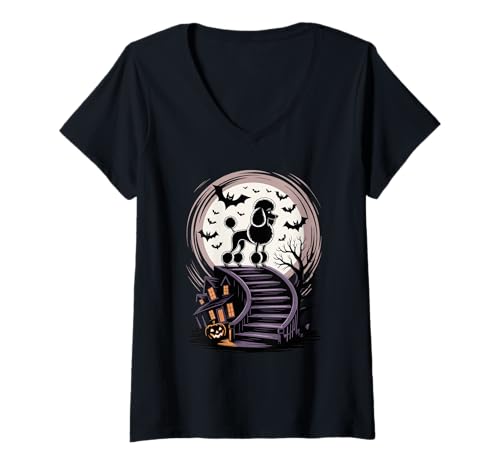Damen Spooky Halloween Mond Poodle Poodles T-Shirt mit V-Ausschnitt Damen Spooky Halloween Mond Poodle Poodles T-Shirt mit V-Ausschnitt von Poodle Dog Lover Gifts