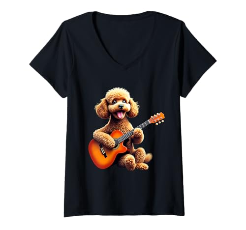 Damen Pudel Hund spielt Gitarre Design Lustiger Pudel T-Shirt mit V-Ausschnitt von Poodle Dog Lovers Designs
