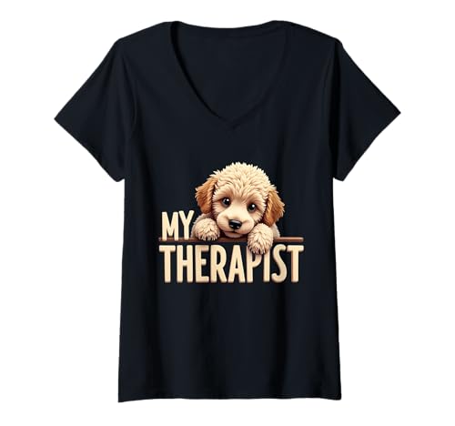 Damen Funny Puppy My Therapist Pudel Hund T-Shirt mit V-Ausschnitt Damen Funny Puppy My Therapist Pudel Hund T-Shirt mit V-Ausschnitt von Poodle Fun Designs