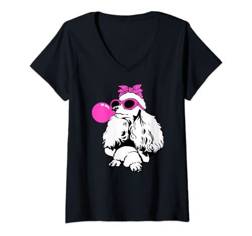 Damen cute Poodle with bubble gum bandana glasses T-Shirt mit V-Ausschnitt Damen cute Poodle with bubble gum bandana glasses T-Shirt mit V-Ausschnitt von Poodle Mom messy tee