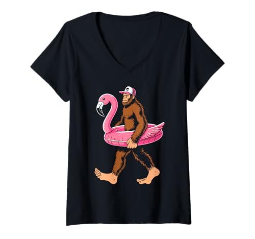 Damen Poolparty Bigfoot Flamingo Float Sasquatch Rosa Float Damen T-Shirt mit V-Ausschnitt Damen Poolparty Bigfoot Flamingo Float Sasquatch Rosa Float Damen T-Shirt mit V-Ausschnitt von Pool party bigfoot