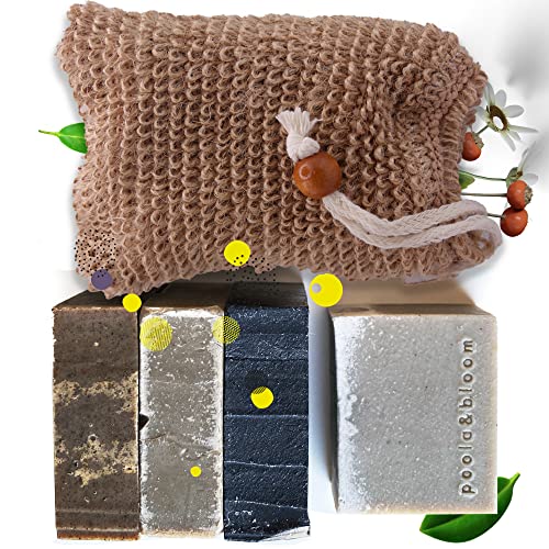 Das Kernseife Duschen Männer Set ist ein Pflegepaket mit vier Duschseifen einem Shampoo und einem SisalSeifensäckchen Ideal für die tägliche Körperpflege und revitalisierend von Poola & Bloom