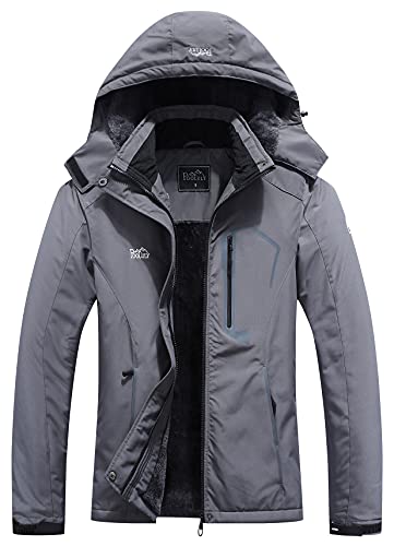 Pooluly Damen Skijacke Warm Winter Wasserdicht Windbreaker Kapuze Regenmantel Snowboard Jacken, Dunkel_Grau, M von Pooluly