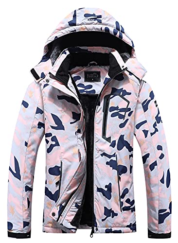 Pooluly Damen Skijacke Warm Winter Wasserdicht Windbreaker Kapuzen Regenmantel Snowboardjacken, Pink Camo, X-Large von Pooluly