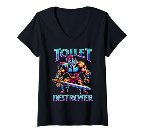 Damen Toilet Destroyer Witz Kacka Furz Toiletten Zerstörer WC T-Shirt mit V-Ausschnitt von Poop Skelett Geschenke schwarzer Humor skandalös