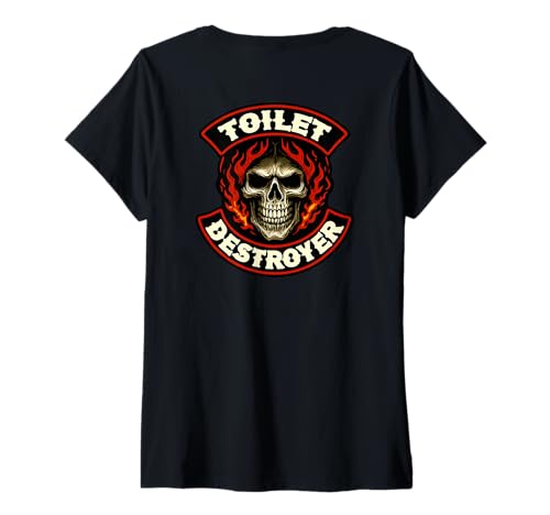 Damen Toilet Destroyer Witz Kacka Furz Toiletten Zerstörer WC T-Shirt mit V-Ausschnitt von Poop Skelett Geschenke schwarzer Humor skandalös