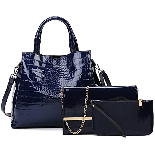 Poopy Glänzende Damen-Handtasche, Krokodil-Muster, Umhängetasche, Lackleder, Geldbörse, Tragetasche, Umhängetasche, blau, Einheitsgröße von Poopy