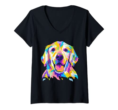 Damen Pop Art Golden Retriever Porträt Frauen Männer T-Shirt mit V-Ausschnitt von Pop Art Golden Retriever Geschenke