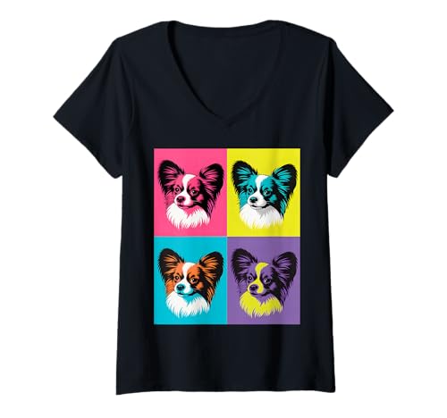 Damen Papillon Hund Bunte Pop Art Retro T-Shirt mit V-Ausschnitt Damen Papillon Hund Bunte Pop Art Retro T-Shirt mit V-Ausschnitt von Pop Art Paws Apparel