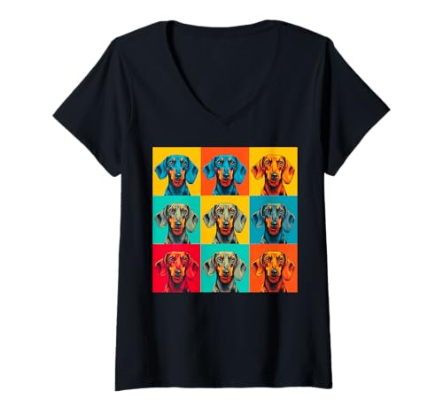 Damen Bunte Dackel Pop Art Weenie Dog Illustration T-Shirt mit V-Ausschnitt Damen Bunte Dackel Pop Art Weenie Dog Illustration T-Shirt mit V-Ausschnitt von Pop Art Paws