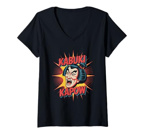 Damen Kabuki Kapow Popkultur Japanische Ästhetik T-Shirt mit V-Ausschnitt von Pop Culture Japanese Aesthetic Kawaii Culture