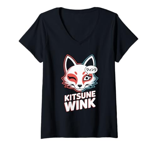Damen Kitsune Wink Pop Culture Japanische Ästhetik T-Shirt mit V-Ausschnitt von Pop Culture Japanese Aesthetic Kawaii Culture