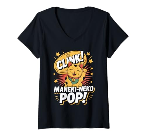 Damen Maneki Neko Pop Pop Kultur Japanische Ästhetik T-Shirt mit V-Ausschnitt von Pop Culture Japanese Aesthetic Kawaii Culture