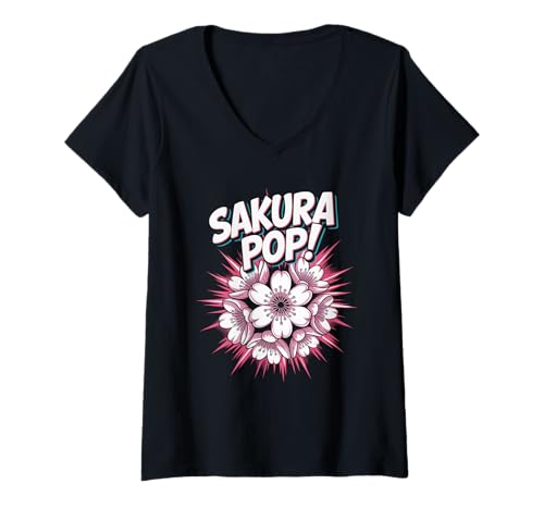 Damen Sakura Pop Kultur Japanische Ästhetik T-Shirt mit V-Ausschnitt von Pop Culture Japanese Aesthetic Kawaii Culture