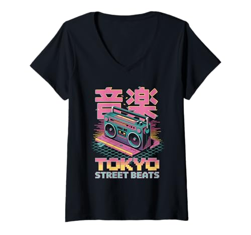 Damen Tokyo Street Beats Pop Culture Japanische Ästhetik T-Shirt mit V-Ausschnitt von Pop Culture Japanese Aesthetic Kawaii Culture