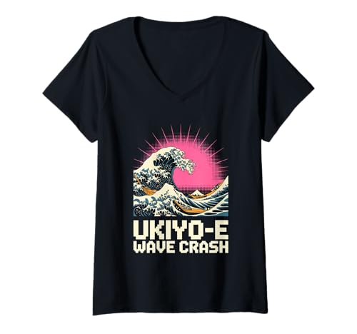 Damen Ukiyo E Wave Crash Pop Kultur Japanische Ästhetik T-Shirt mit V-Ausschnitt von Pop Culture Japanese Aesthetic Kawaii Culture