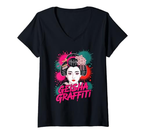Damen Geisha Graffiti Pop Kultur Japanische Ästhetik T-Shirt mit V-Ausschnitt von Pop Culture Japanese Aesthetic Traditional