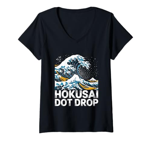 Damen Hokusai Dot Drop Pop Kultur Japanische Ästhetik T-Shirt mit V-Ausschnitt von Pop Culture Japanese Aesthetic Traditional