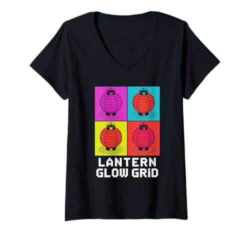 Damen Laterne Glow Grid Pop Kultur Japanische Ästhetik T-Shirt mit V-Ausschnitt von Pop Culture Japanese Aesthetic Traditional