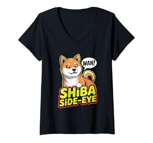 Damen Shiba Side-Eye Pop Culture Japanische Ästhetik T-Shirt mit V-Ausschnitt von Pop Culture Japanese Aesthetic Traditional