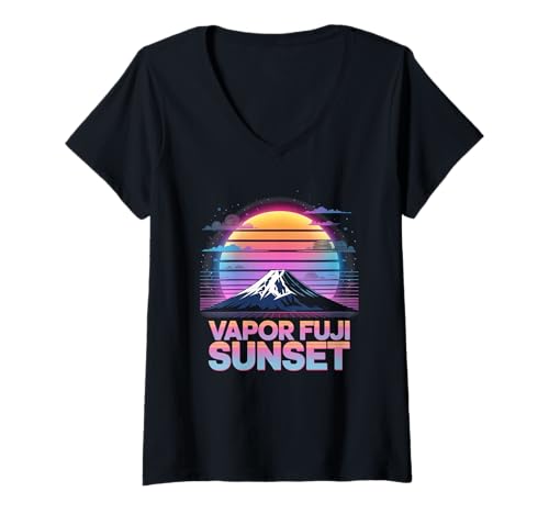 Damen Vapor Fuji Sunset Pop Culture Japanische Ästhetik T-Shirt mit V-Ausschnitt von Pop Culture Japanese Aesthetic Traditional