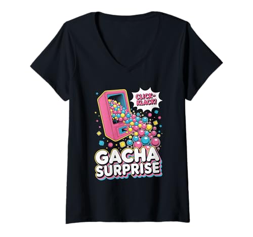 Damen Gacha Surprise Pop Culture Japanische Ästhetik T-Shirt mit V-Ausschnitt von Pop Culture Japanese Aesthetic Vaporwave