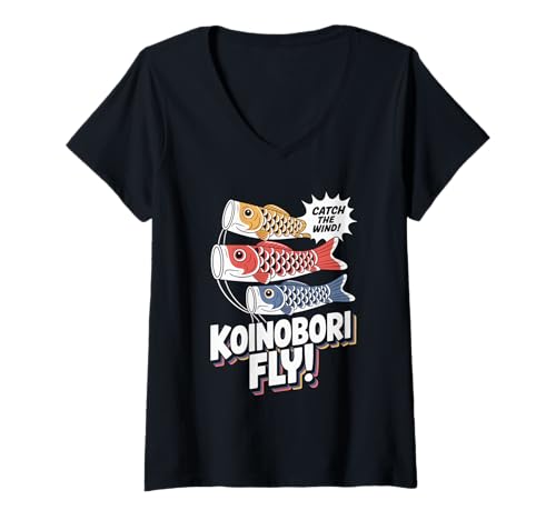 Damen Koinobori Fly Pop Culture Japanische Ästhetik T-Shirt mit V-Ausschnitt von Pop Culture Japanese Aesthetic Vaporwave
