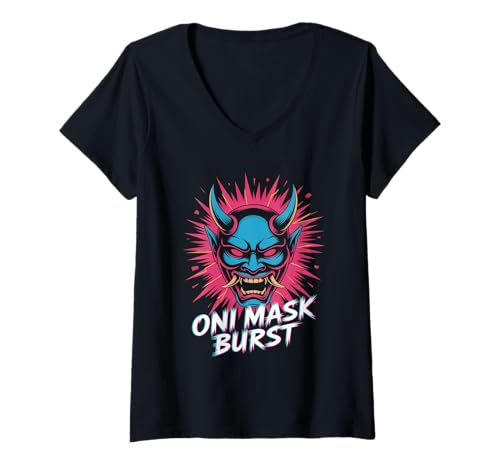 Damen Oni Mask Burst Popkultur Japanische Ästhetik T-Shirt mit V-Ausschnitt Damen Oni Mask Burst Popkultur Japanische Ästhetik T-Shirt mit V-Ausschnitt von Pop Culture Japanese Aesthetic Vaporwave