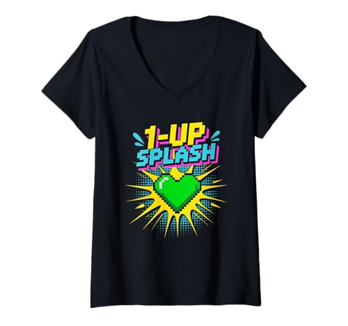 Damen 1 Up Splash Pop Culture Retro-Videospiel T-Shirt mit V-Ausschnitt von Pop Culture Retro Video Game Classic Gaming