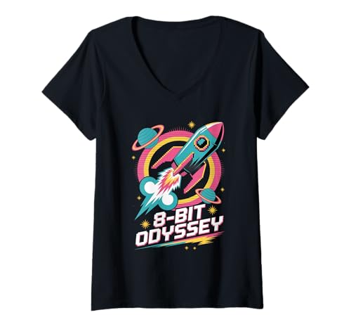 Damen 8-Bit Odyssey Pop Culture Retro Videospiel T-Shirt mit V-Ausschnitt von Pop Culture Retro Video Game Classic Gaming