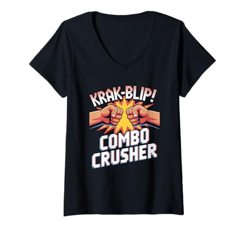 Damen Combo Crusher Pop Culture Retro Videospiel T-Shirt mit V-Ausschnitt von Pop Culture Retro Video Game Classic Gaming