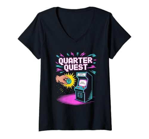 Damen Quarter Quest Pop Culture Retro Videospiel T-Shirt mit V-Ausschnitt von Pop Culture Retro Video Game Classic Gaming
