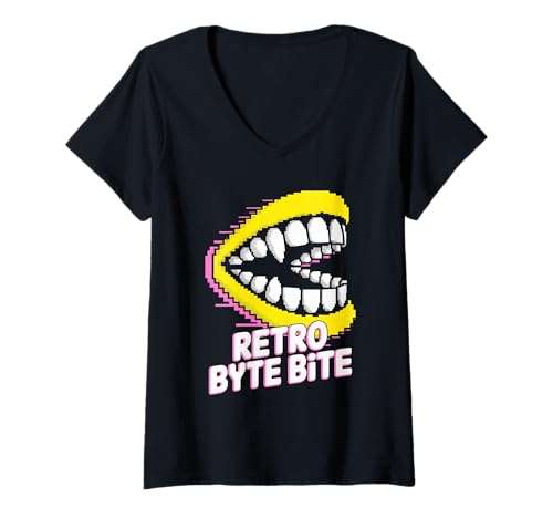 Damen Retro Byte Bite Pop Culture Retro Videospiel T-Shirt mit V-Ausschnitt von Pop Culture Retro Video Game Classic Gaming
