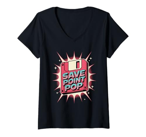Damen Save Point Diskette Pop Culture Retro Videospiel T-Shirt mit V-Ausschnitt von Pop Culture Retro Video Game Classic Gaming
